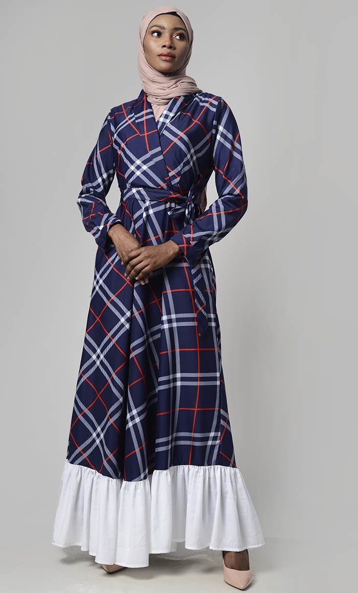 Blue Energetic Burberry Abaya With White Bottom Flounce