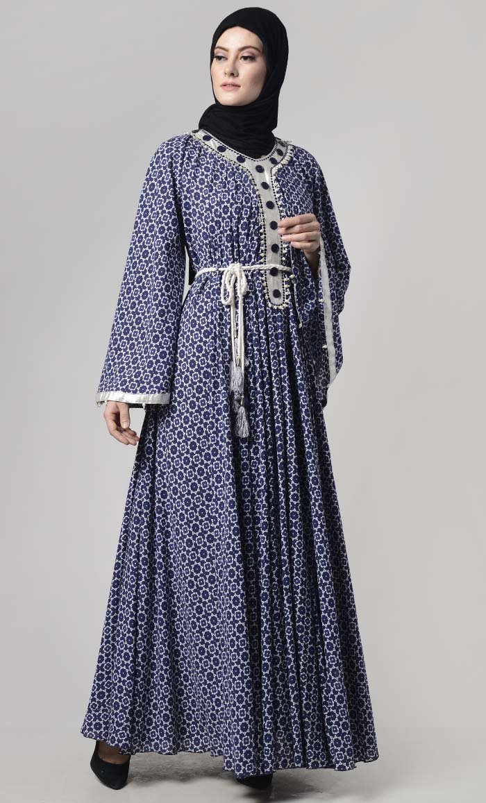 Blue Breatheable Cotton Abaya With Loose White Braided Belt