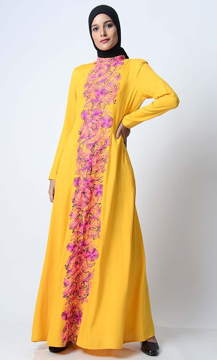 Multi-Color Thread Embroidered Abaya-Yellow