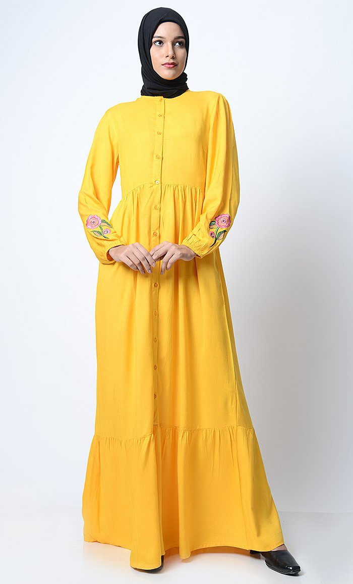 Bright Floral Front Open Embroidered Abaya