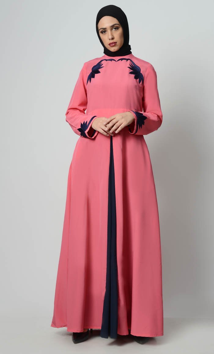 Contrast Embroidered Grace Abaya-Pink