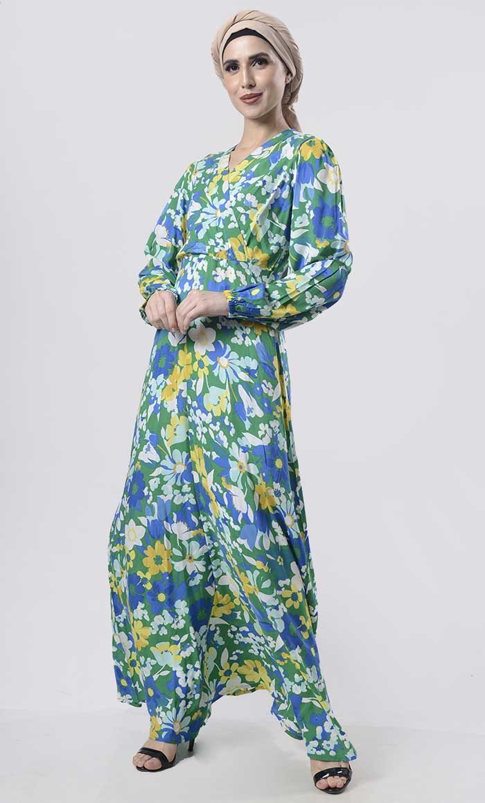 Natural Green Floral Printed Abaya