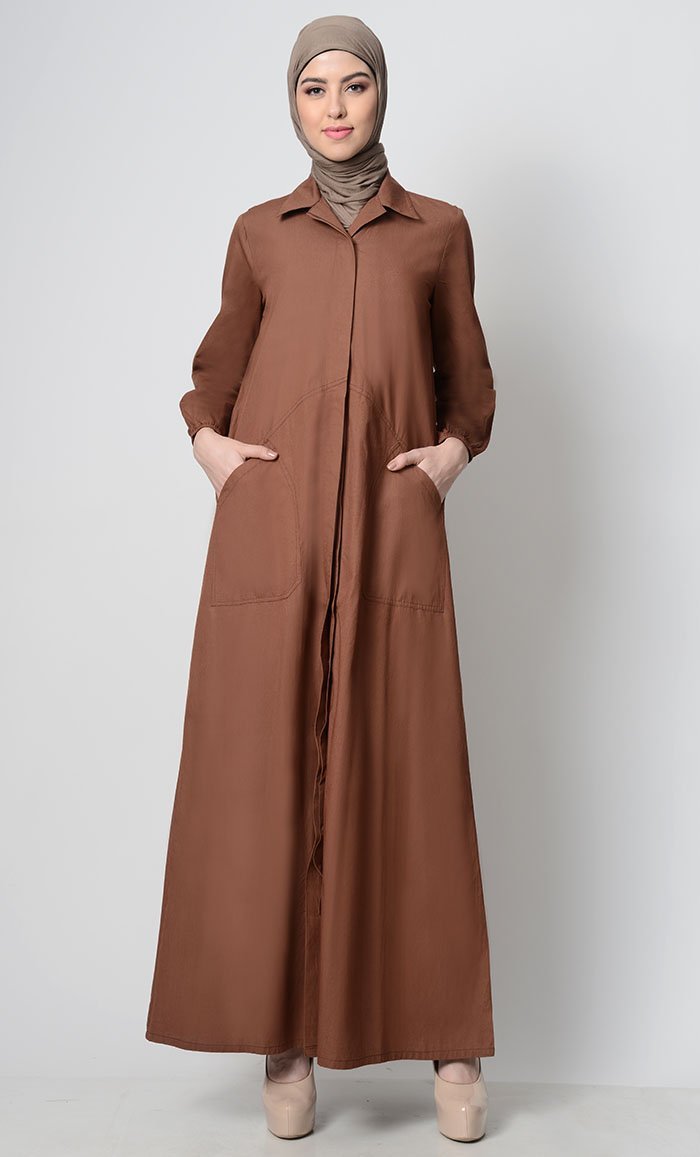 Stylish Button Down Abaya-Brown