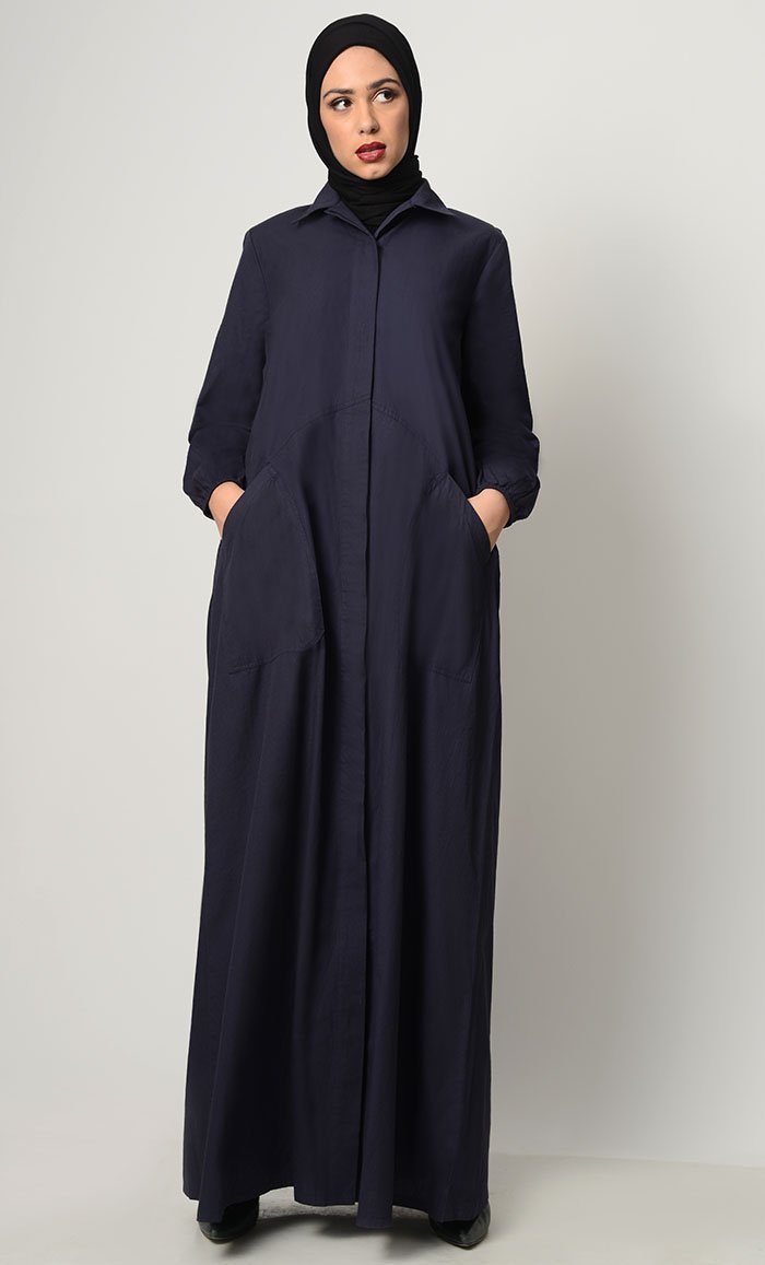 Stylish Button Down Abaya-Navy