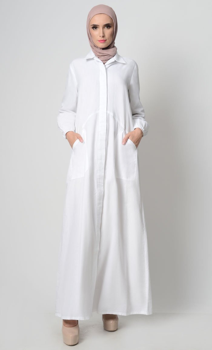 Stylish Button Down Abaya-White