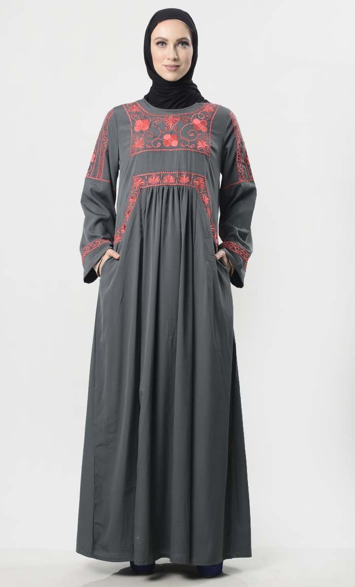 Red Embroiderey  Abaya With Pockets