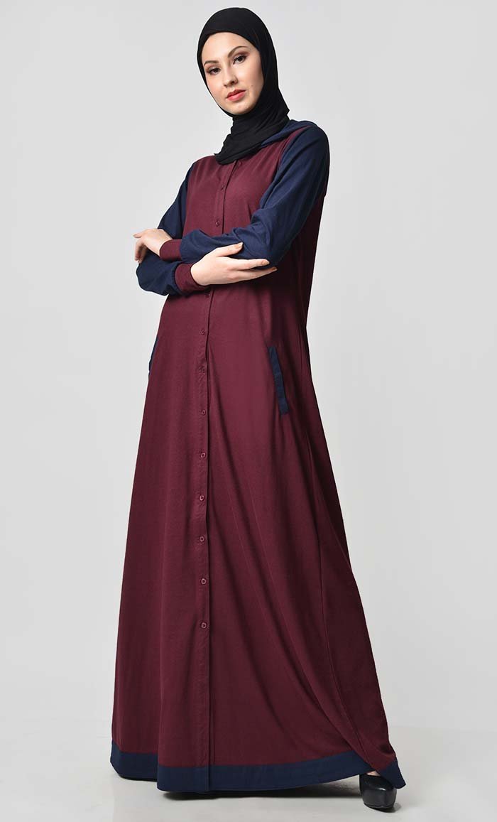 Comfy Hooded Front Open Jersey Abaya - Maroon