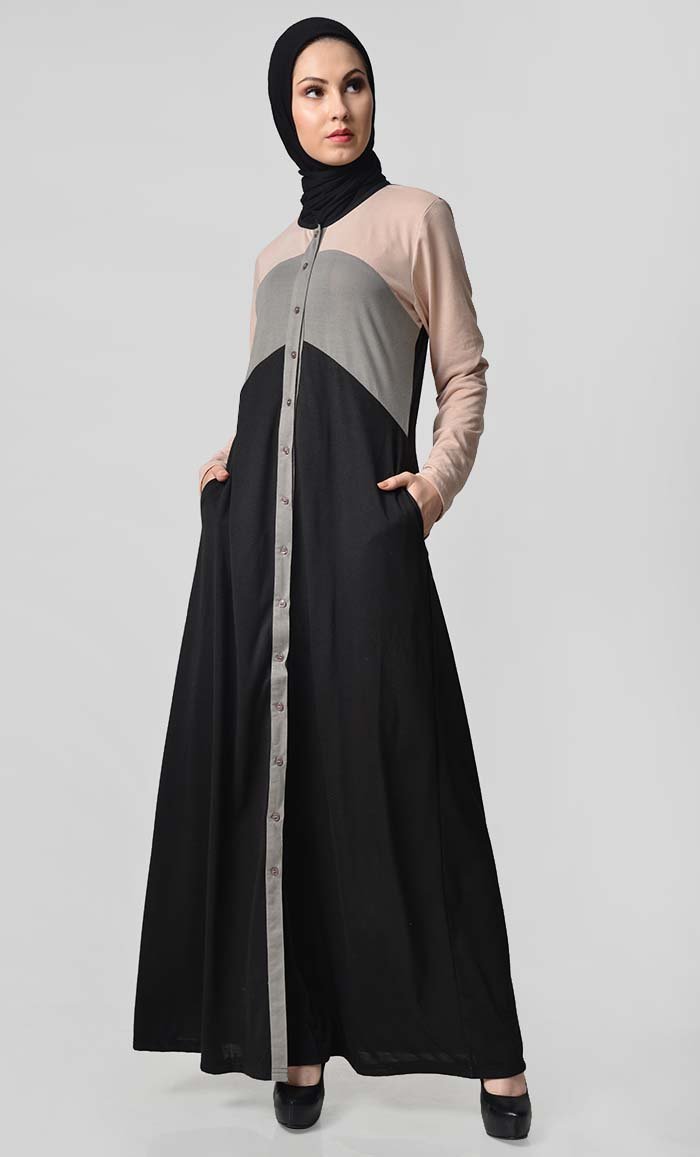 Jersey Tri Color Winter Abaya - Cream + Grey + Black