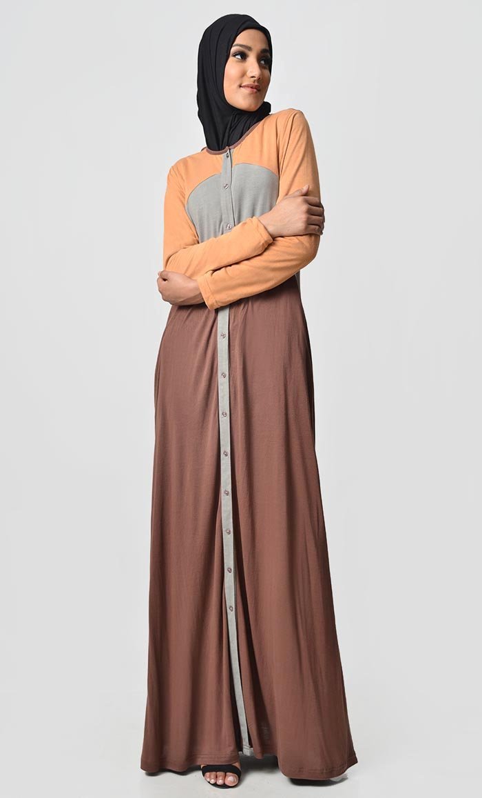 Jersey Tri Color Winter Abaya - Orange + Grey + Brown