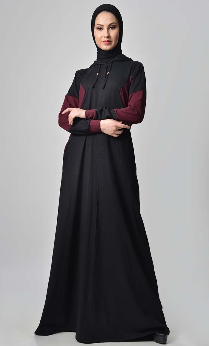 Comfy Color Contast Jersey Abaya - Black