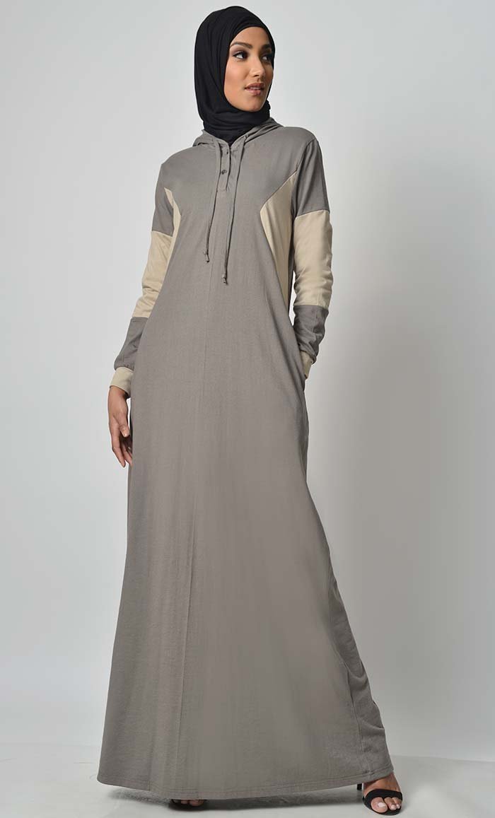 Comfy Color Contast Jersey Abaya - Grey