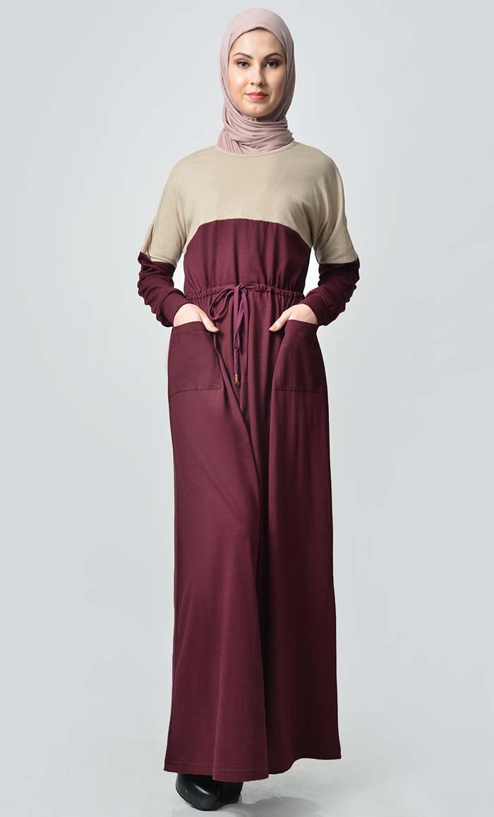 Yoke Colorblocked Jersey Abaya-Maroon + Sand