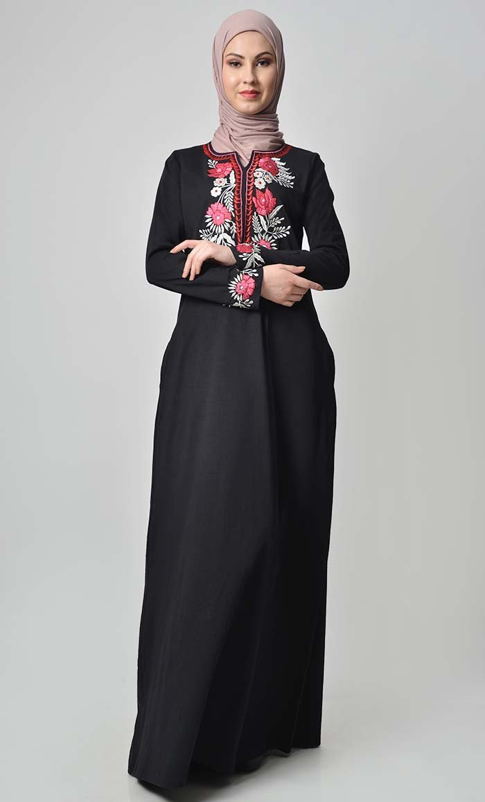 Garden Embroidered Abaya - Black