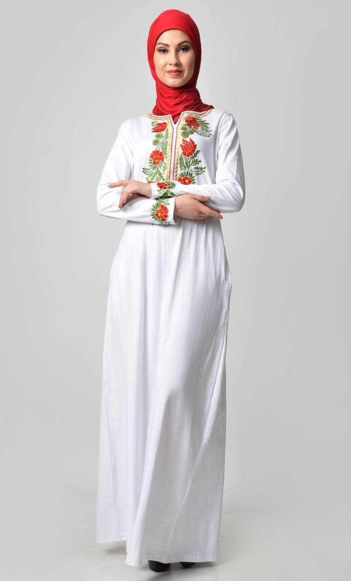 Floral Garden Embroidered Abaya - White