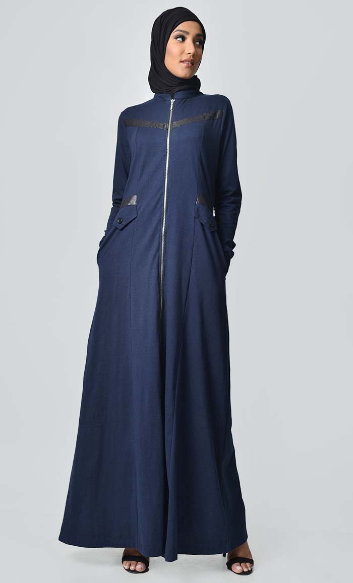 Faux Leather Front Detail  Jersey Abaya-Navy