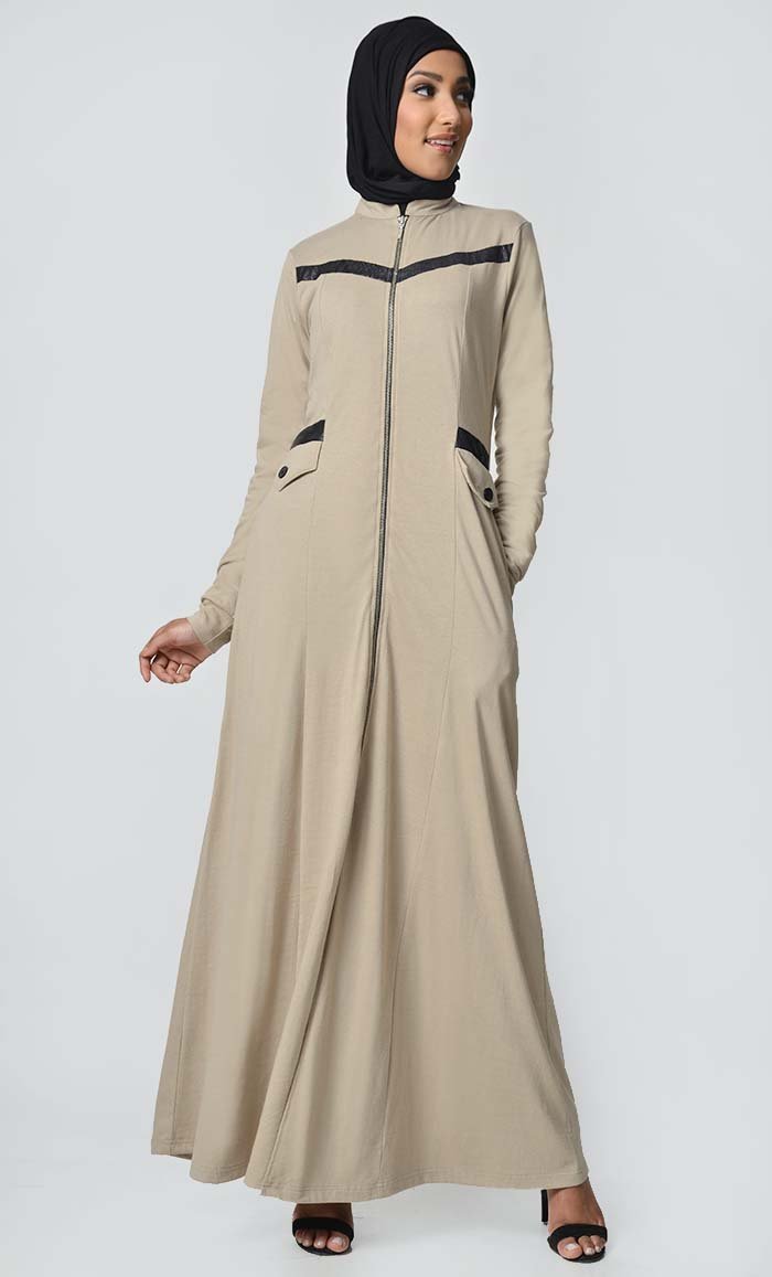 Faux Leather Front Detail Jersey Abaya-Sand