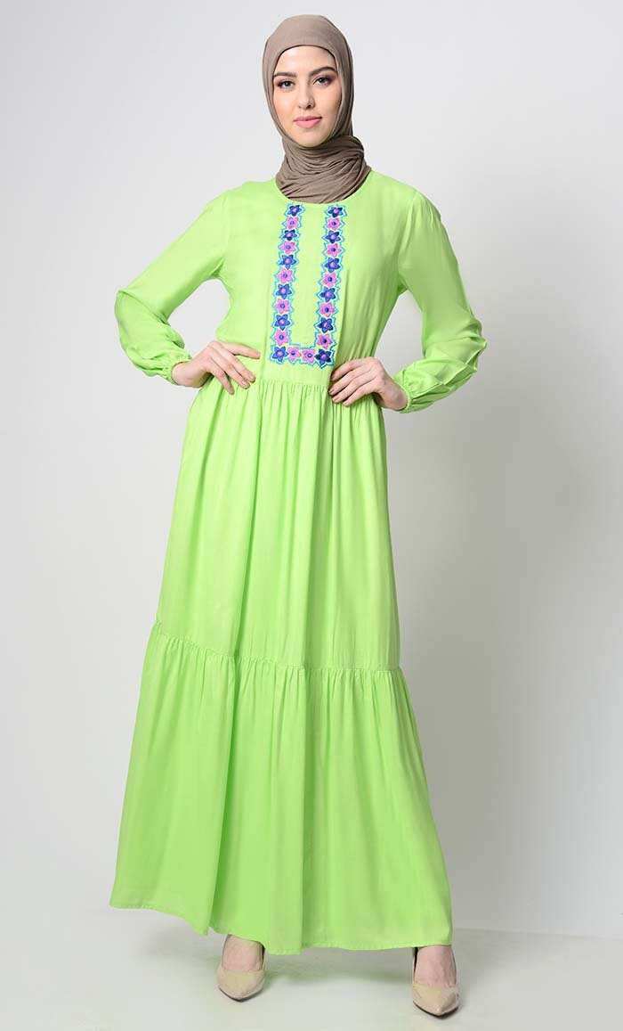 Pastel Summer Veil Embroidered Abaya-Greenery