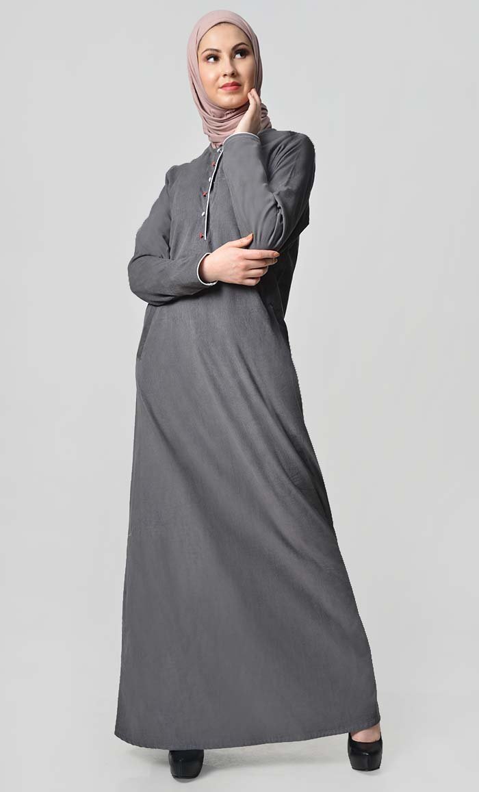 Multicolor Button Detail Abaya Dress - Grey