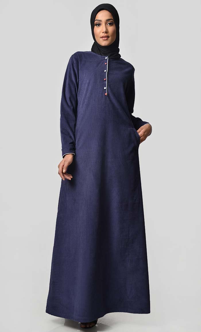 Multicolor Button Detail Abaya Dress - Navy