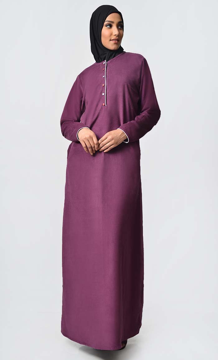 Multicolor Button Detail Abaya Dress - Wine