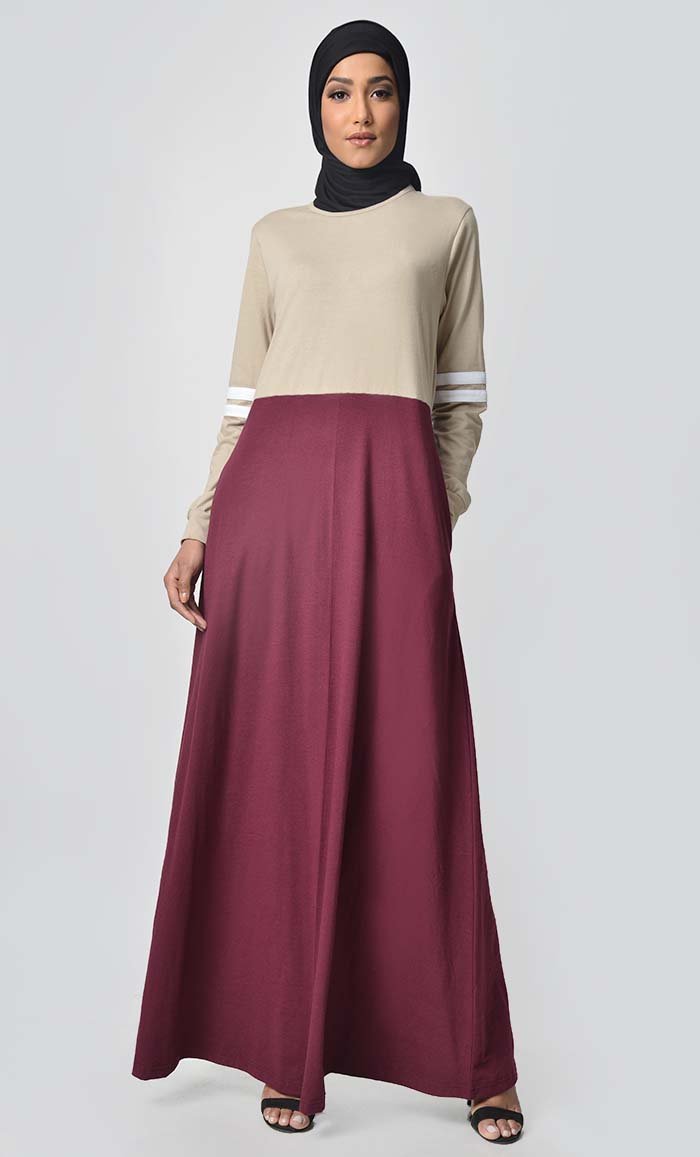 Jersey Stripe Sportswear Abaya - Sand + Maroon