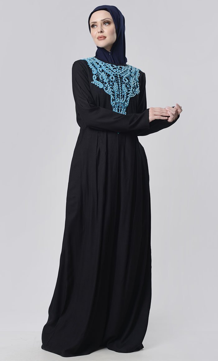 Beautiful Hand Work Neck Patch Abaya With Pockets