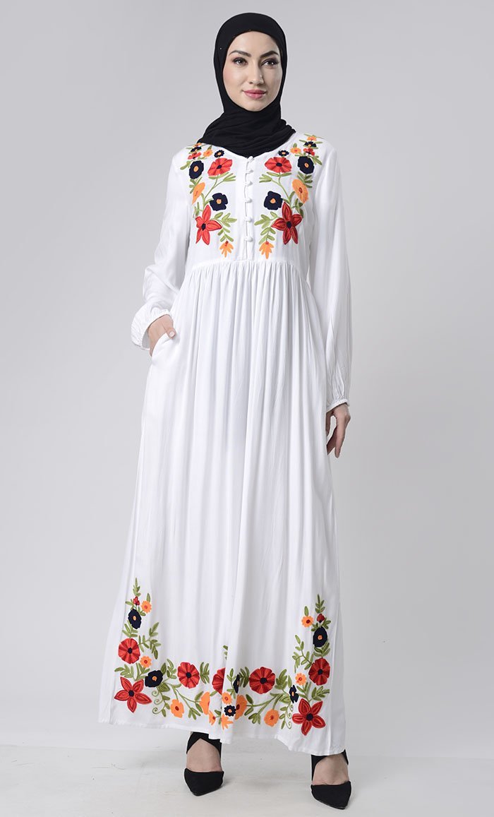 Intricate Floral Embroidery Abaya With Pockets