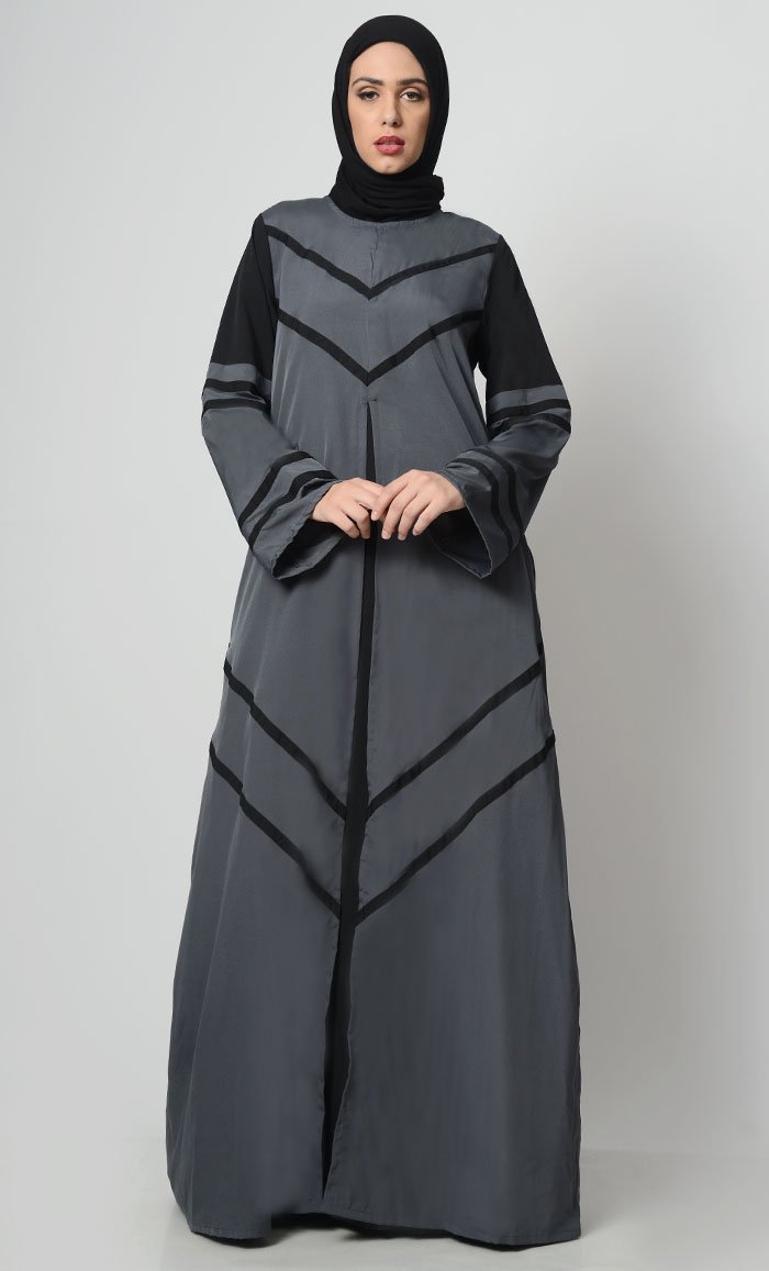 Striped Color Contrast Abaya-Grey