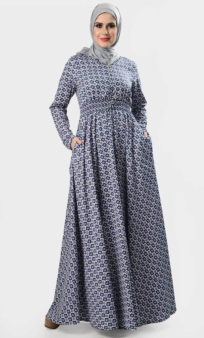 Front Tie-Up Indigo Geometric Printed Everyday Abaya