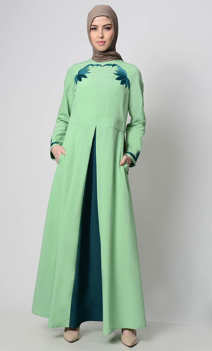 Contrast Embroidered Grace Abaya-Mint Green