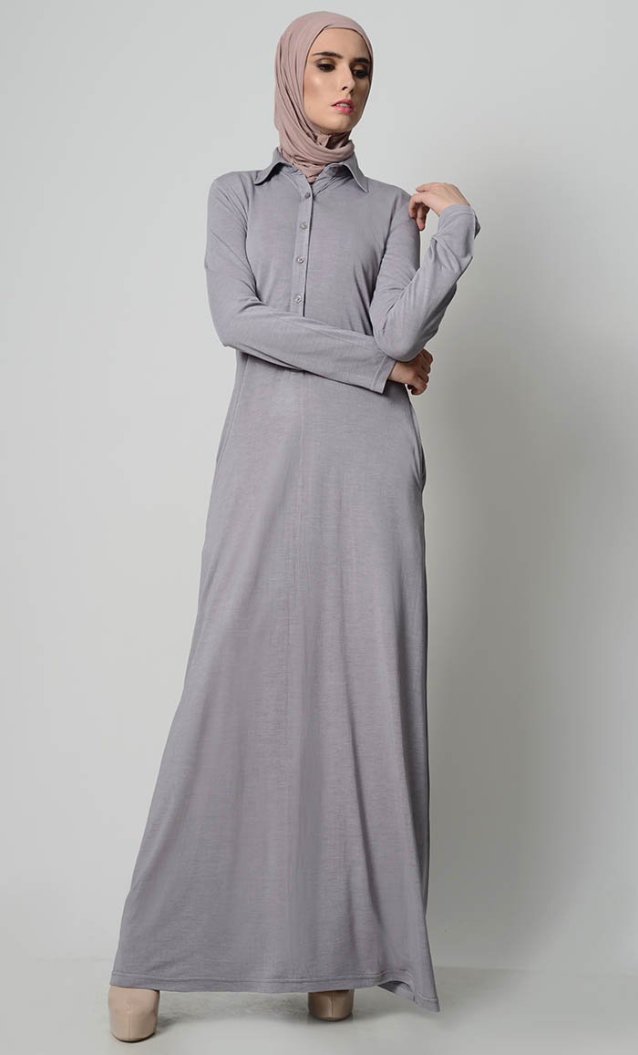 Simple  Collar Shirt Style Abaya -Grey