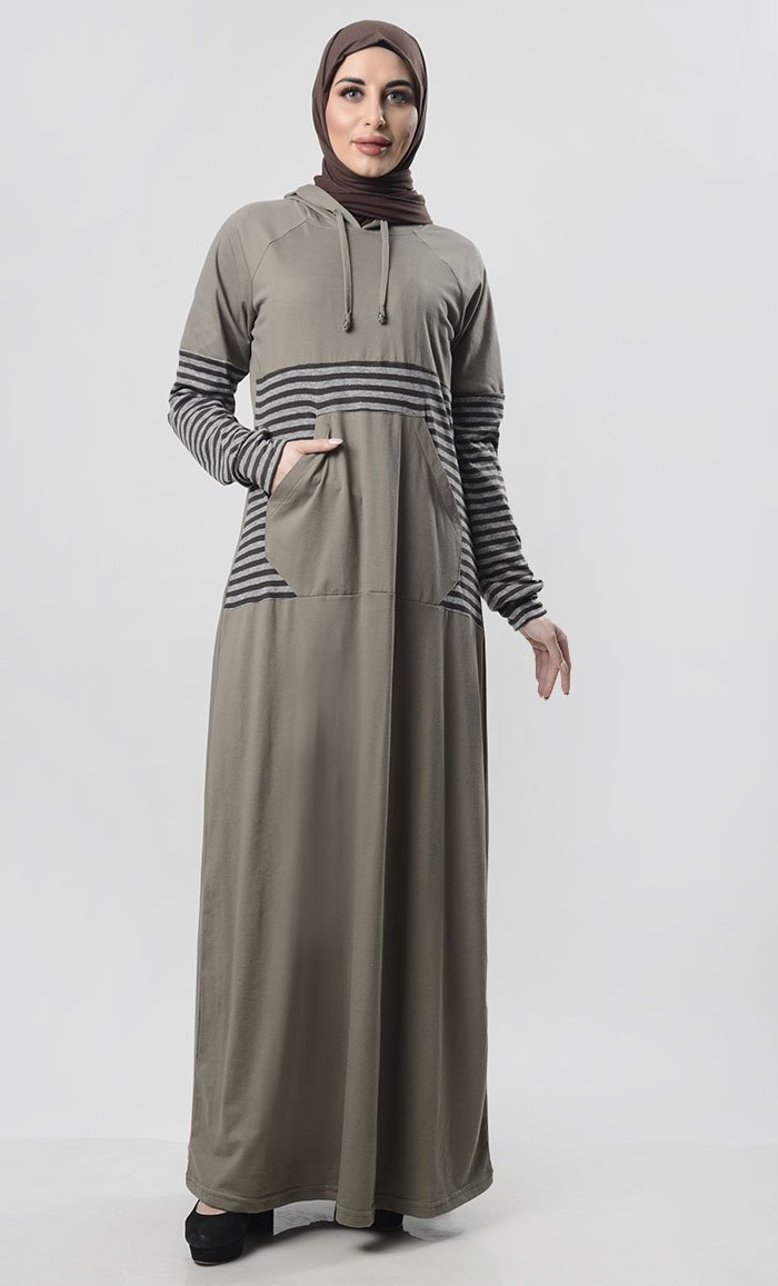 Grey Jersey Hooded Abaya With Front Pocket