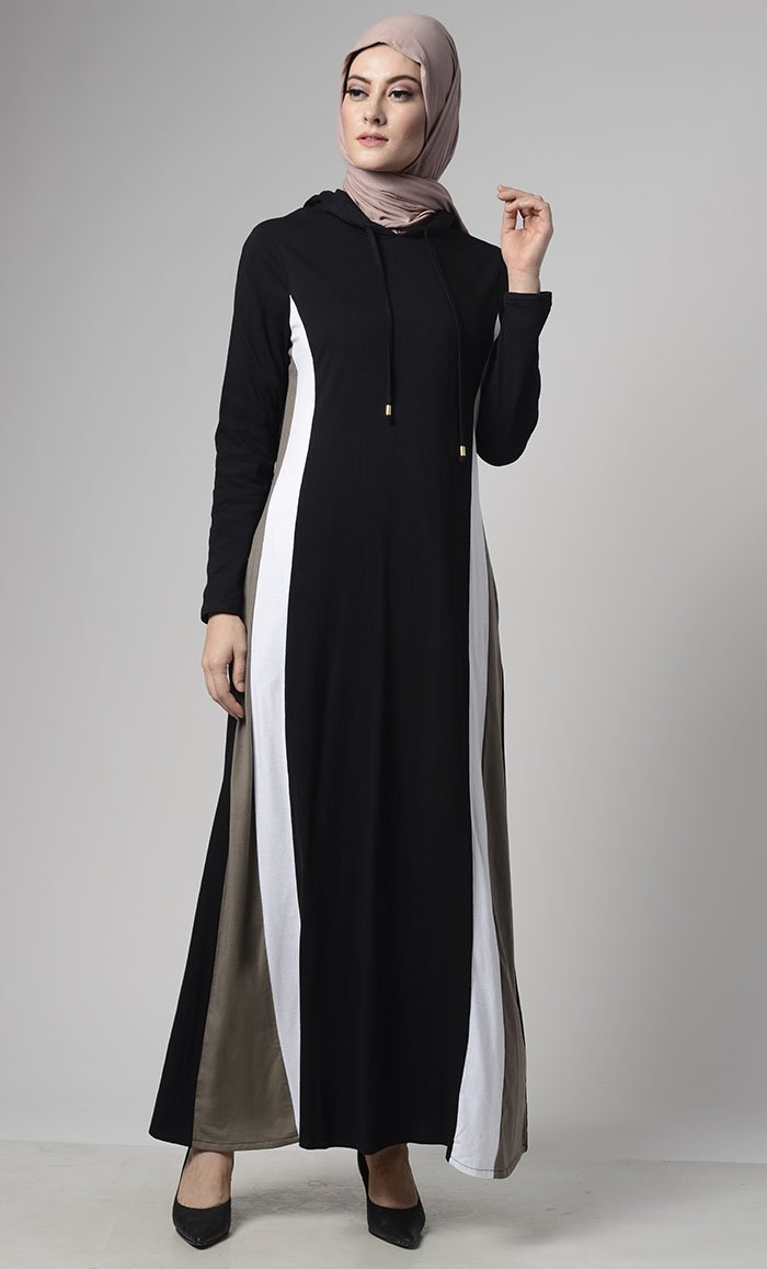 Color Block Basic Jersey Hooded Abaya With Pockets