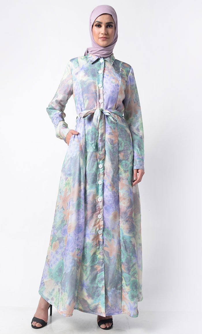 Glossy Flora Chiffon  Abaya Dress -Fully lined Modest