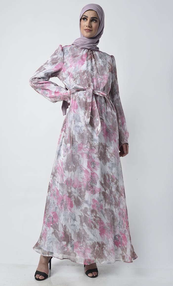 Pink & Grey Melody Print Chiffon Classic Abaya Dress -Fully lined for modesty