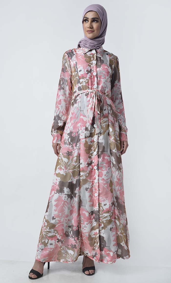 Tropical Printed Front Button Down Abaya