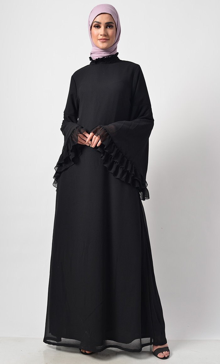 Modest Black Trendy Victorian Neck  Abaya Dress