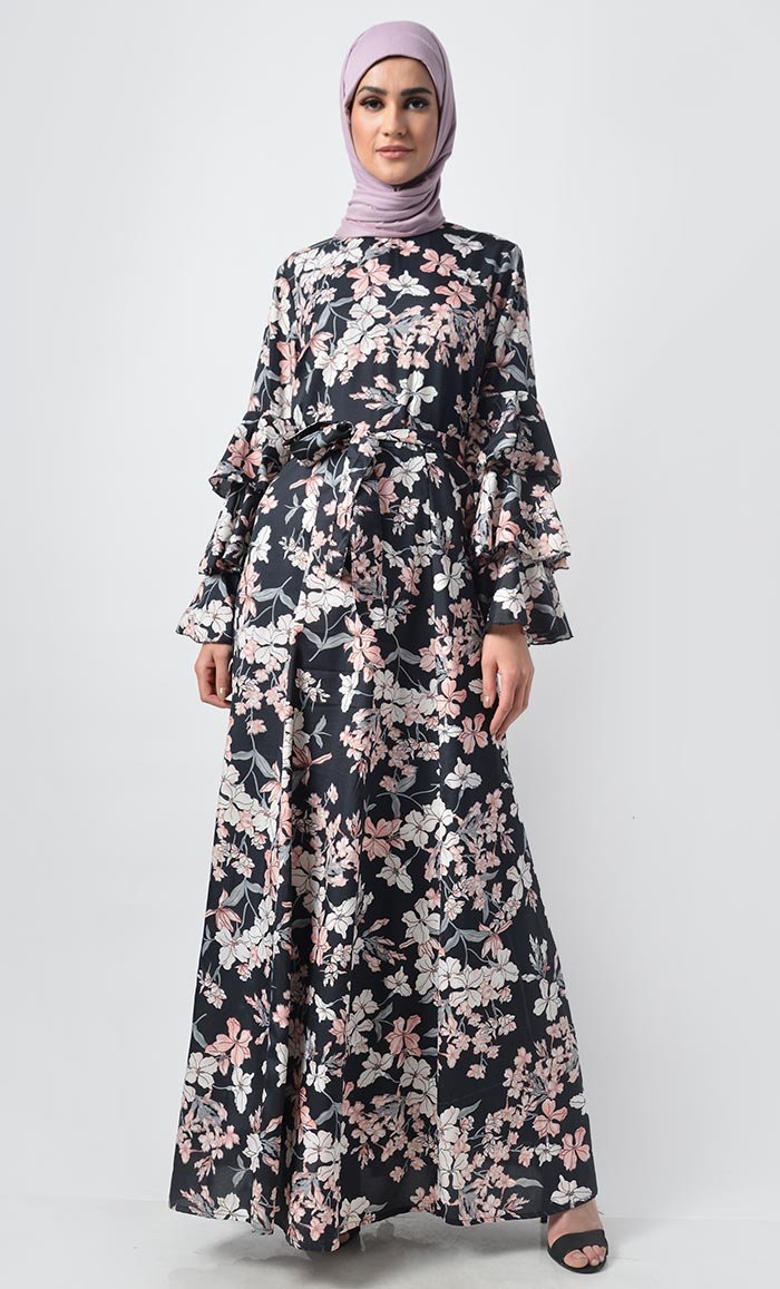 Floral Printed Crepe Layered Sleeves Abaya