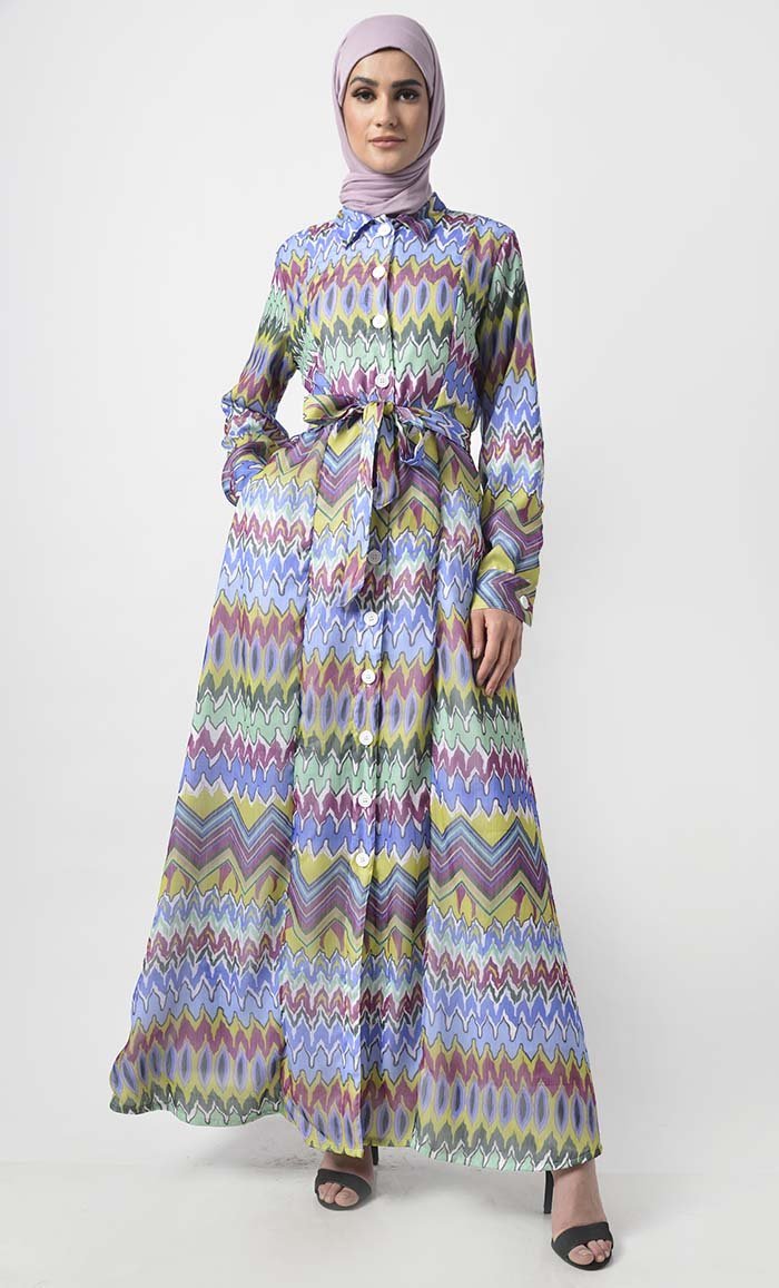 Print Fiesta Chiffon Abaya Dress -Fully lined Modest