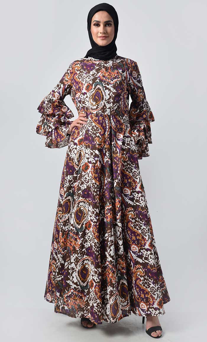 Graphic Printed Crepe Layered Sleeves Abaya