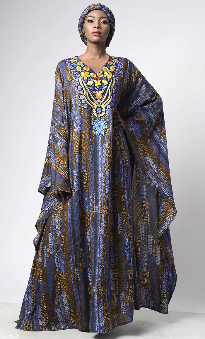 Retro Pattern Printed Moroccan Soft Rayon Loose Kaftan Dress | Fully Lined | Matching Hijab Included