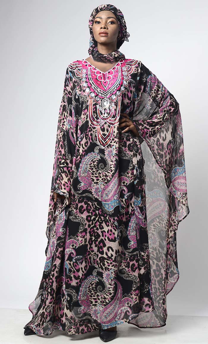 Women's Fushia Paisley Printed Moroccan Chiffon Loose Kaftan Dress | Fully Lined | Matching Hijab Included