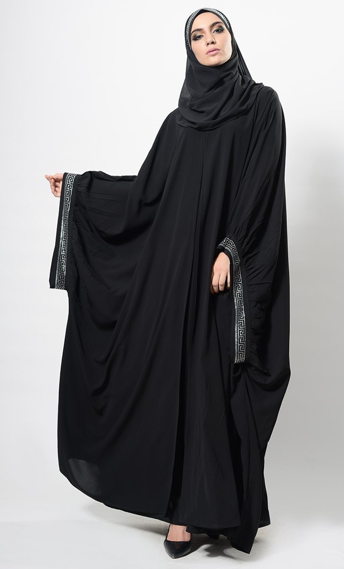 Crystal Embellished Cape Style Abaya Dress And Hijab Set