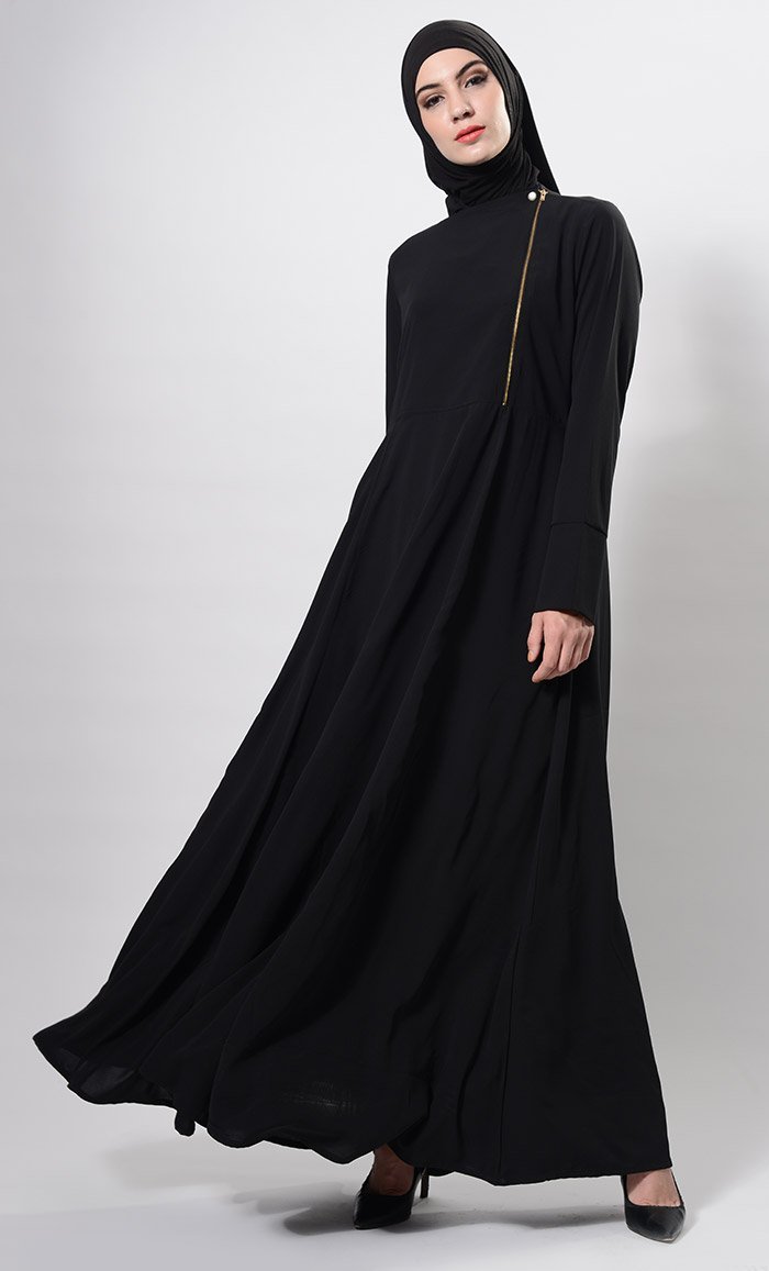 Metallic Zipper Detail Flared Abaya Dress And Hijab Set