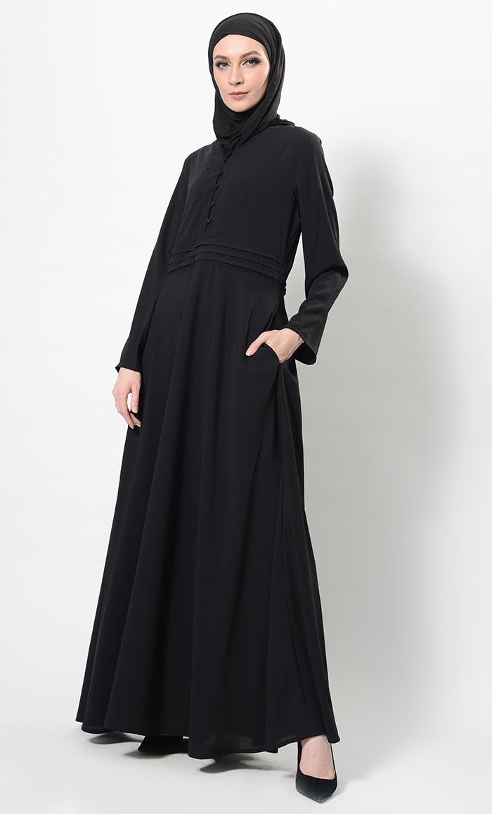 Loop Buttons And Knife Pleats Detail Abaya Dress And Hijab Set