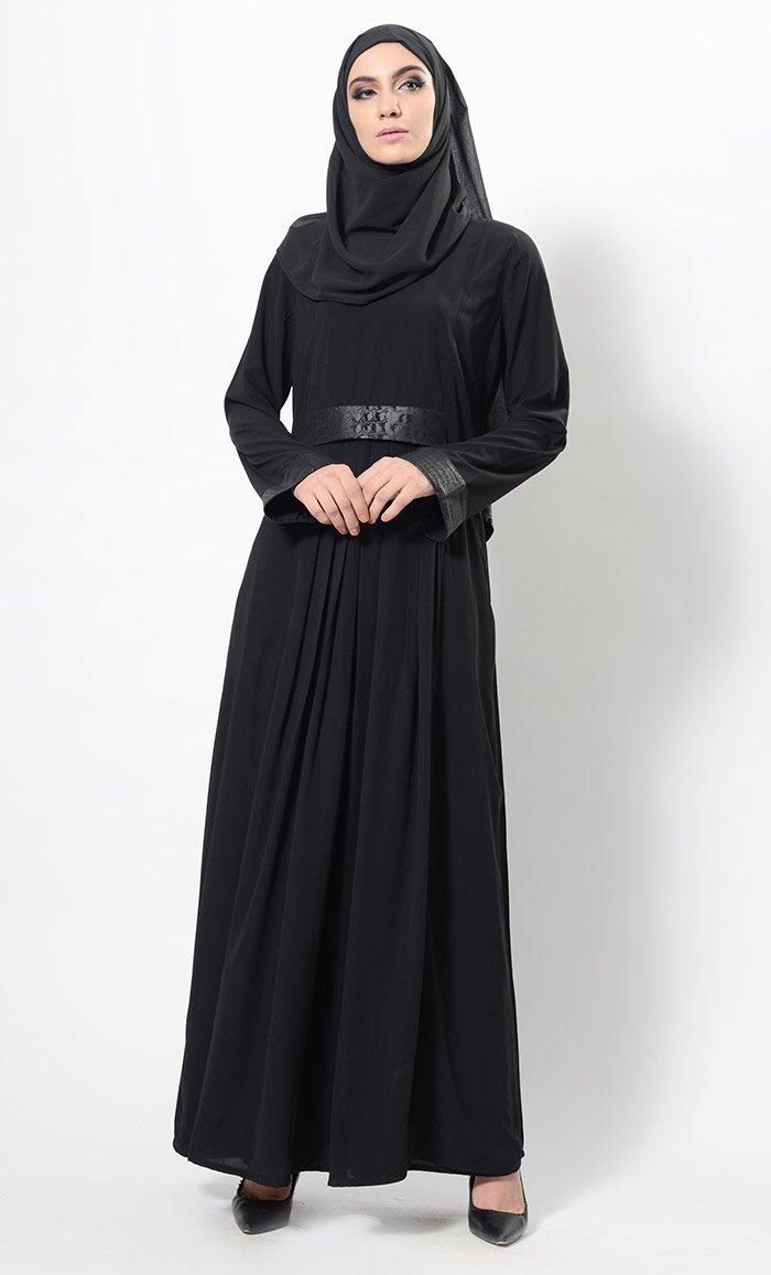 Faux Leather Detail Pleated And Flared Abaya Dress