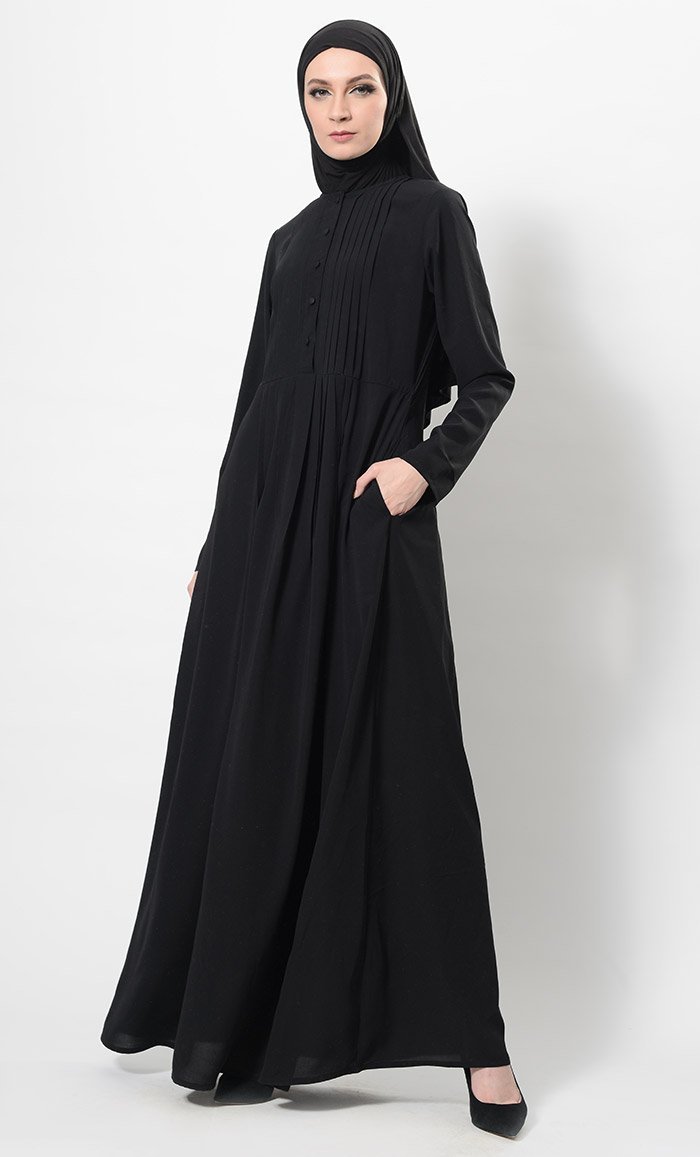 Pleated Button Down Flared Abaya Dress And Hijab Set