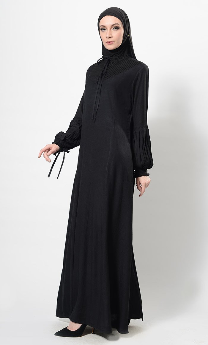 Pleated And Flared Bishop Sleeves Abaya Dress And Hijab Set.