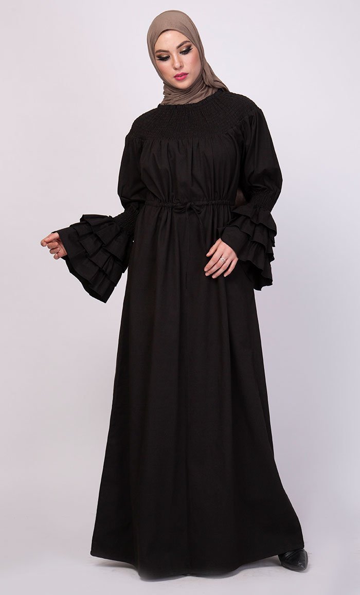 Smocked And Draped Sleeves With Knotted String Abaya Dress