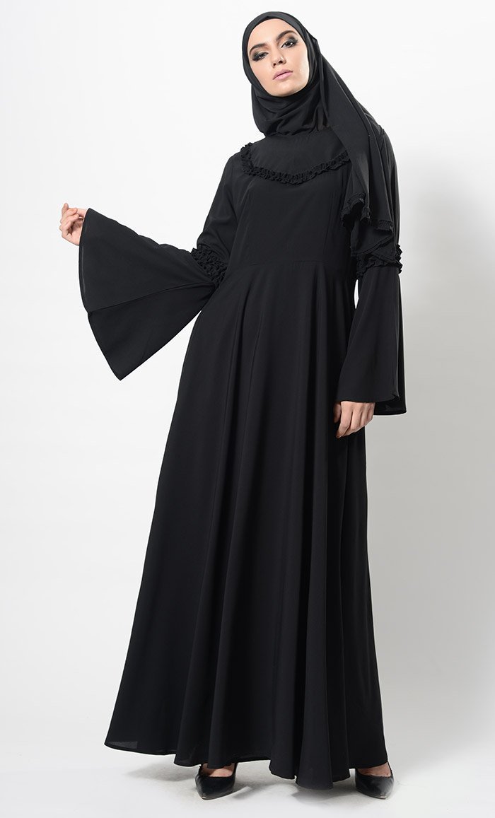 Frilled Panels Front Yoke Abaya Dress And Hijab Set